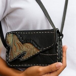 Mini Black Leather Bohemian Crossbody Travel Bag w/Artisan Accent Normcore